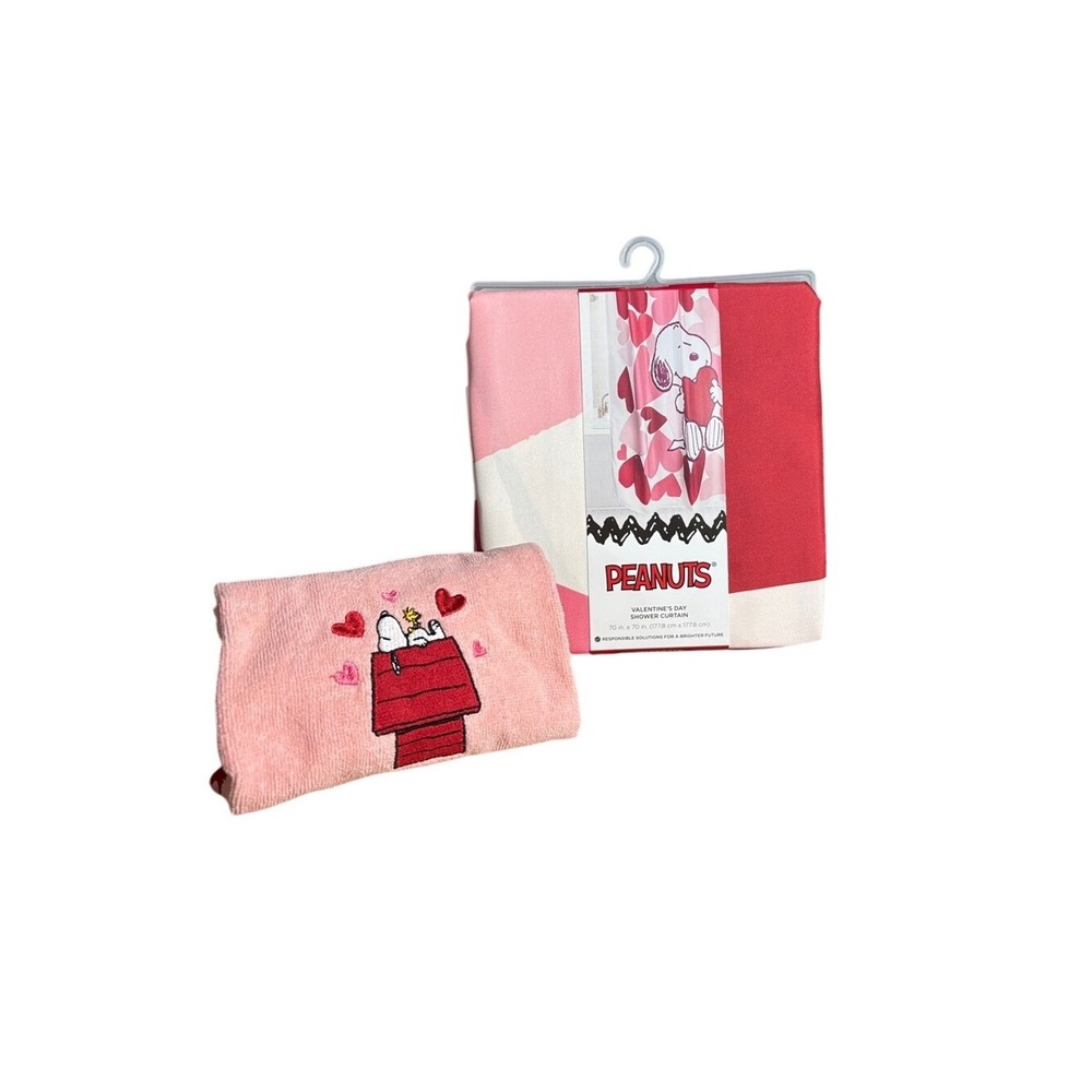Peanuts Snoopy Valentine's Day Shower Curtain & Embroidered Hand Towel GIFT NEW